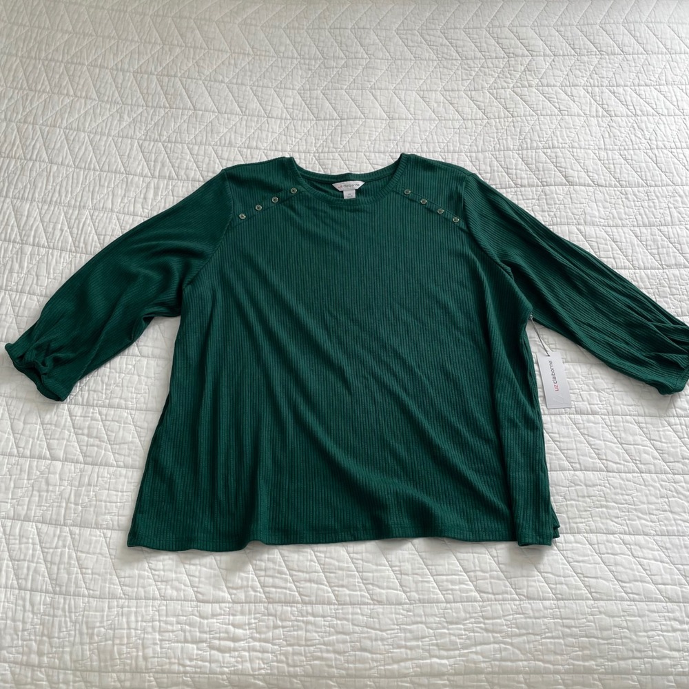 Liz Claiborne Women 2X Medieval Green Ribbed Button Shoulder 3/4 Sleeve Top NWT